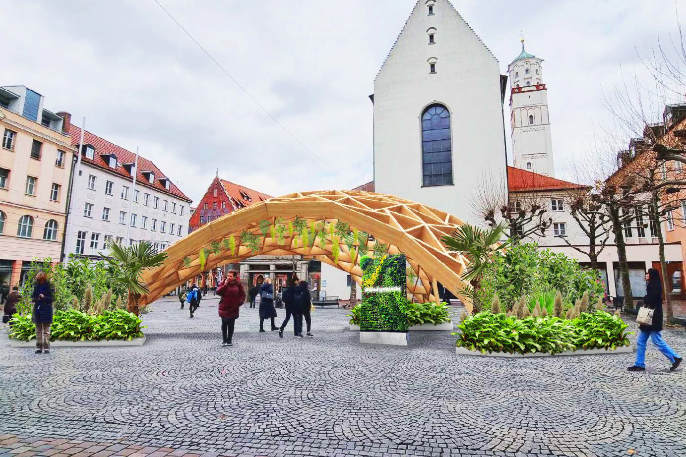 Auch im Jahr 2023 wurde Augsburg wieder mit einer grünen Installation bereichert: Die Urwaldkuppel ist ein Holzkonstrukt, das mit mehr als 300 Grünpflanzen dekoriert wird und so das ökologische Gesamtbild prägt. Sie wurde im Rahmen der Nachhaltigkeitskampagne #stadtgewaechs errichtet.